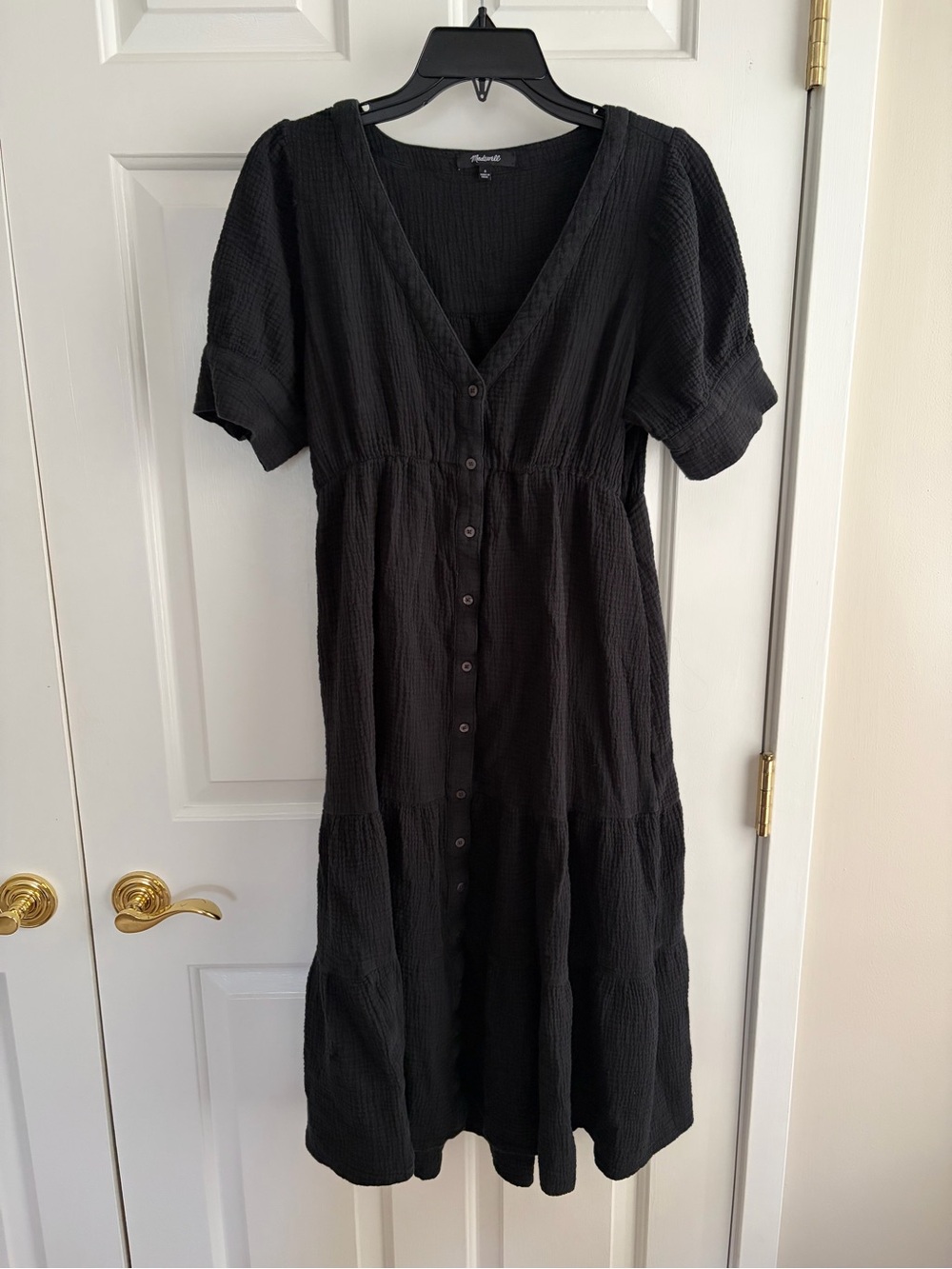 Madewell Black V-Neck Button-Front Midi Dress with Puff Sleeves